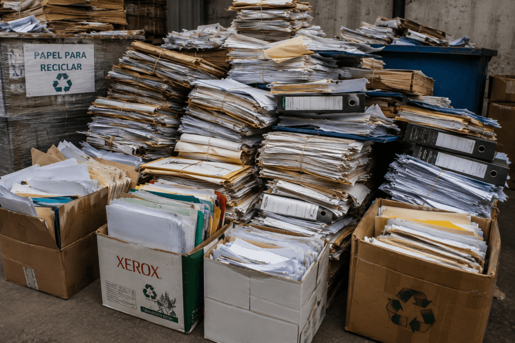 Archivo documental para reciclaje compuesto por expedientes, documentos y papel de oficina recuperable en Bogotá.