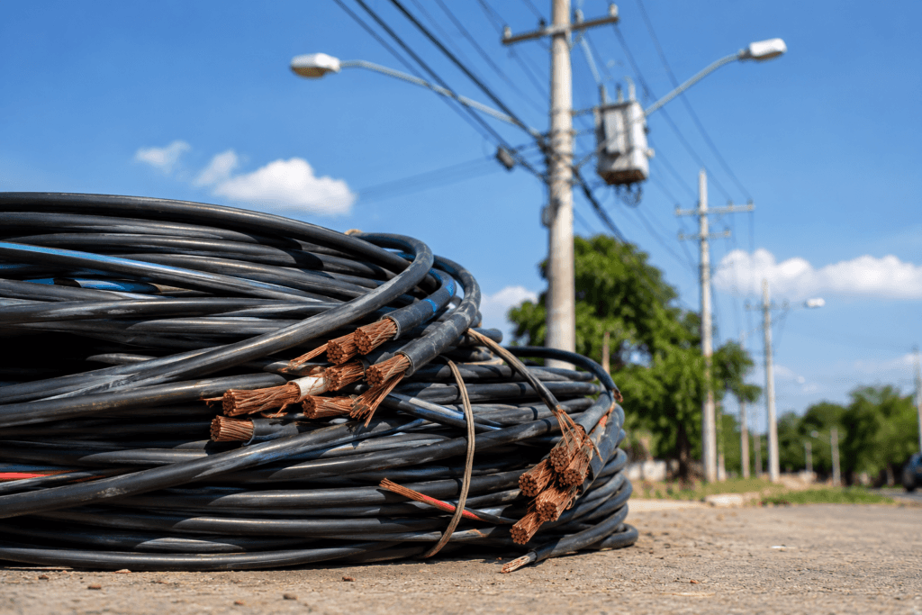 Cableado eléctrico industrial utilizado en redes de distribución eléctrica y postes de alumbrado público en Bogotá y Cundinamarca.
