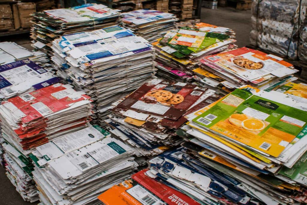 Plegadiza reciclable compuesta por empaques de alimentos, medicamentos, cosméticos y productos de consumo almacenados para reciclaje industrial.
