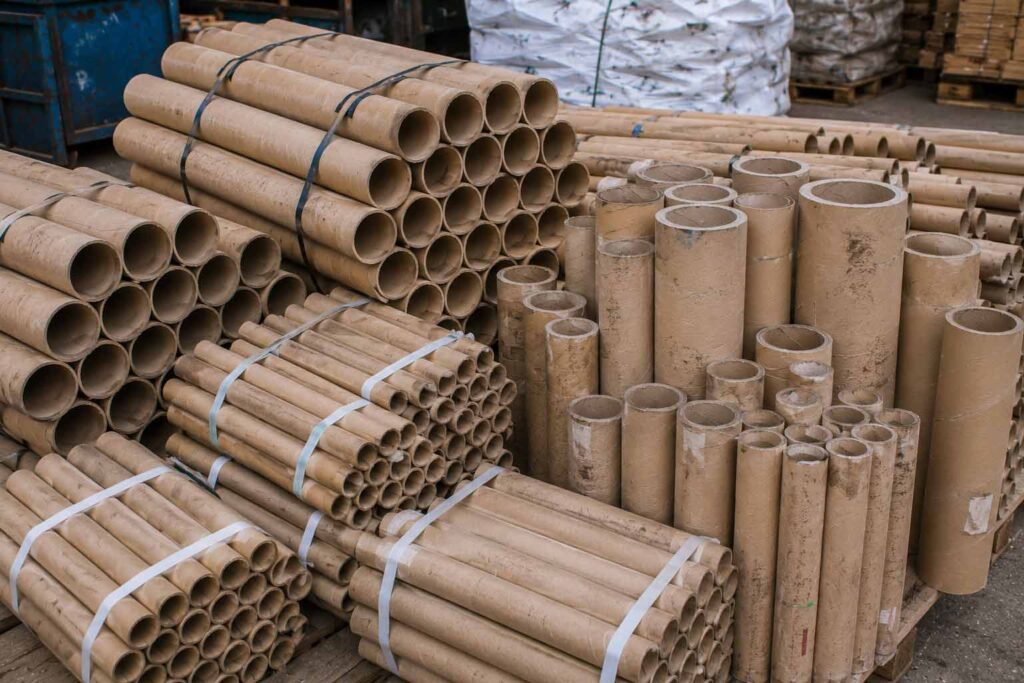 Tubos de cartón industrial reciclables utilizados en bobinas de papel, películas plásticas y materiales flexibles almacenados para reciclaje en Bogotá.
