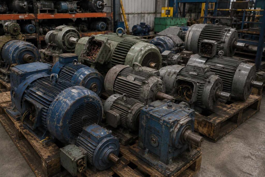 Motores eléctricos trifásicos y motoreductores industriales utilizados en procesos de manufactura y producción.