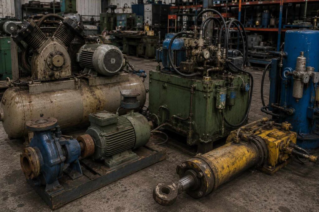 Compresores, bombas y equipos hidráulicos industriales utilizados en procesos de producción y manufactura.