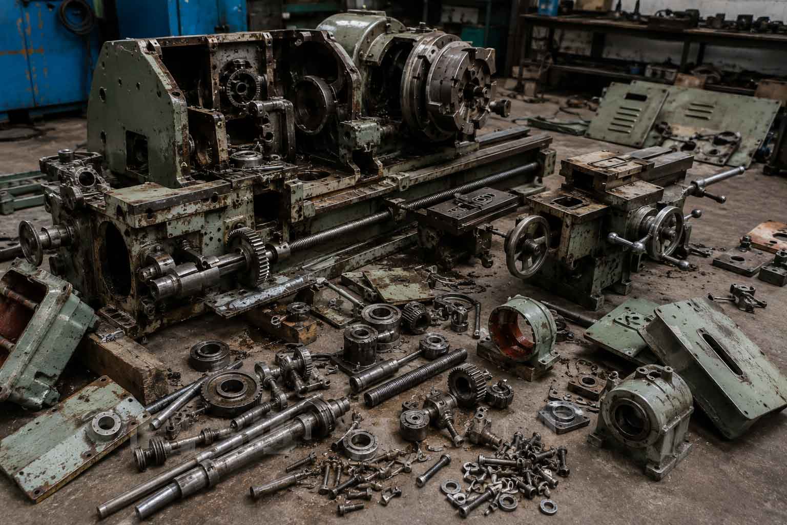 Maquinaria industrial desmontada con componentes mecánicos recuperables provenientes de procesos de modernización y desmantelamiento industrial en Bogotá.