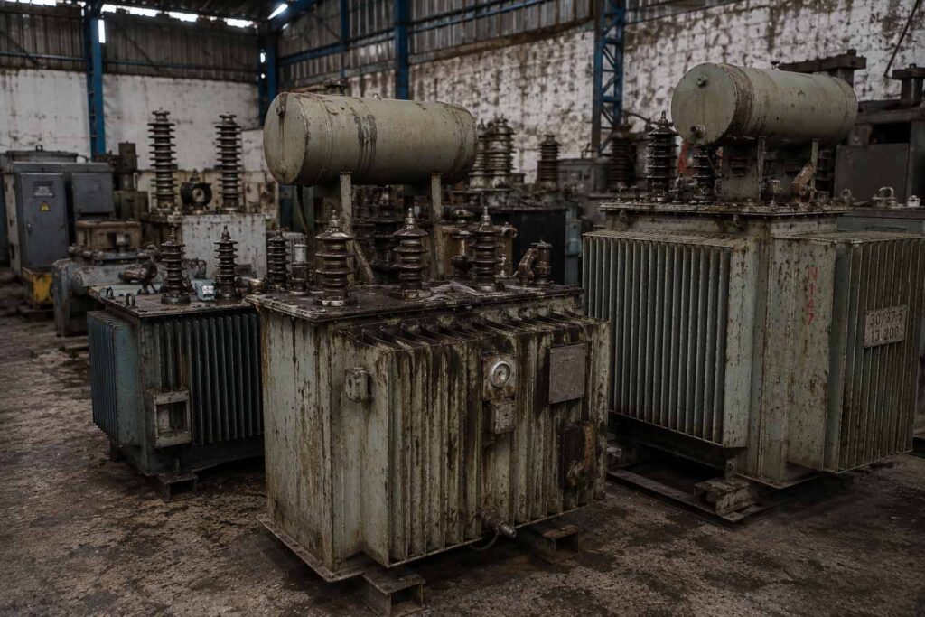 Transformadores eléctricos industriales utilizados en sistemas de distribución y potencia para procesos industriales en Bogotá.