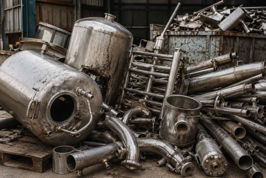 Chatarra de acero inoxidable proveniente de tanques, tuberías y equipos industriales para reciclaje y recuperación de metales en Bogotá.
