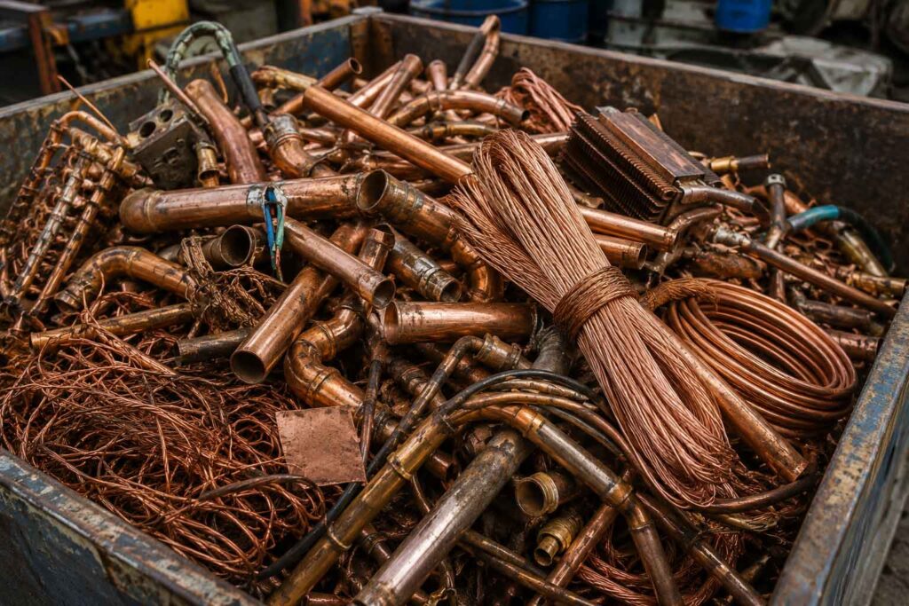 Cobre mezclado proveniente de desmontajes industriales, equipos eléctricos y materiales de recuperación para reciclaje en Bogotá.